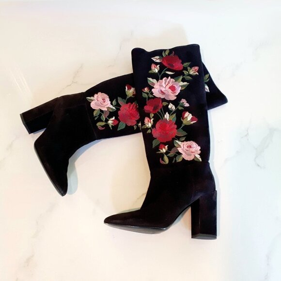 NWT / NIB Kate Spade black suede floral embroidered long boots, 6.5 - Picture 15 of 16